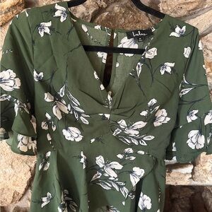 Lulu's Olive Green Floral Wrap-Style Shirt